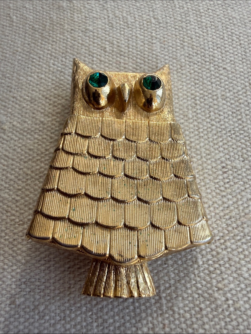 Vintage Avon Gold Tone Owl Solid Perfume   Brooch. Circa 1969. Signed.